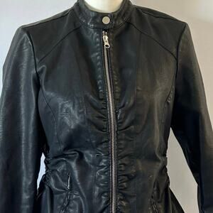 Baccini Black Faux Leather Moto Jacket PM Ruched Zip Fitted Vegan Leather